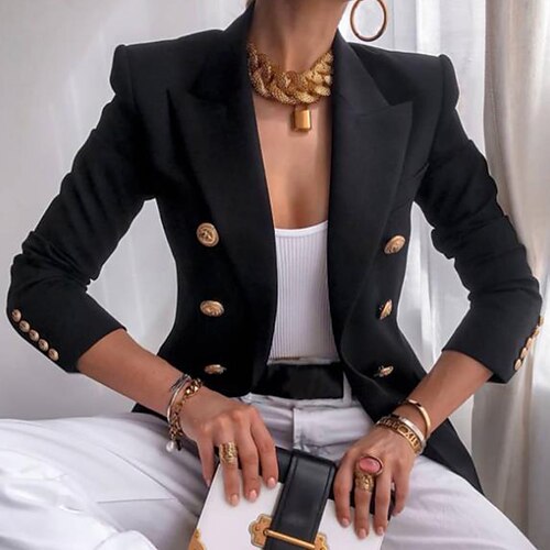 

Women's Blazer Solid Color Vintage Style Casual Long Sleeve Coat Fall Winter Business Double Breasted Regular Jacket Green / Daily
