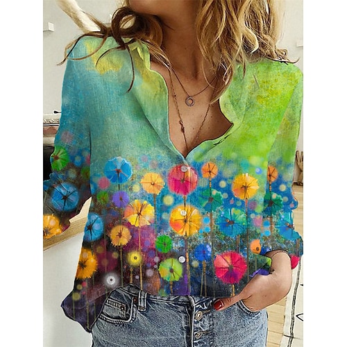 

Damen Hemd Bluse Grün Graphic Blumen Taste Bedruckt Langarm Festtage Wochenende Strassenmode Brautkleider schlicht Hemdkragen Standard Blume S