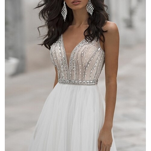 

A-Line Wedding Dresses V Neck Sweep / Brush Train Tulle Sleeveless Romantic Beach Sexy with Beading 2022