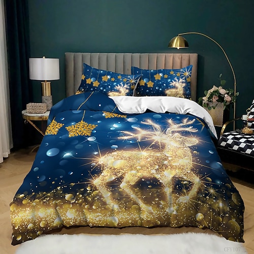 

Christmas Elk Printed 3-Piece Duvet Cover Set Hotel Bedding Sets Comforter Cover with Soft Lightweight Microfiber, Include 1 Duvet Cover, 2 Pillowcases for Double/Queen/King(1 Pillowcase for Twin/Single)