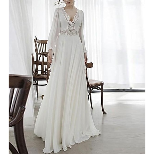 

A-Line Wedding Dresses V Neck Sweep / Brush Train Chiffon Lace Long Sleeve Romantic Vintage with Pleats Appliques 2022