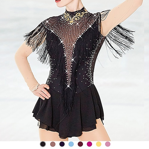 

Figure Skating Dress Women's Girls' Ice Skating Dress Outfits Yan pink Violet Black Spandex Stretch Yarn High Elasticity Skating Wear Handmade Classic Crystal / Rhinestone 3/4 Length Sleeve Ice