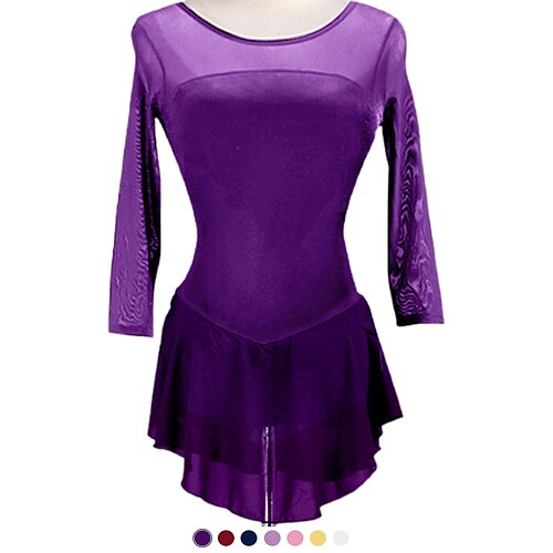 

Figure Skating Dress Women's Girls' Ice Skating Dress Yan pink Yellow & Yellow Dark Purple Patchwork Mesh Spandex High Elasticity Practice Professional Competition Skating Wear Handmade Classic