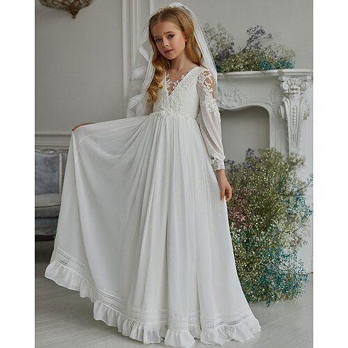 

Party Event / Party A-Line Flower Girl Dresses V Neck Floor Length Polyester Winter Fall with Lace Ruffles Cute Girls' Party Dress Fit 3-16 Years