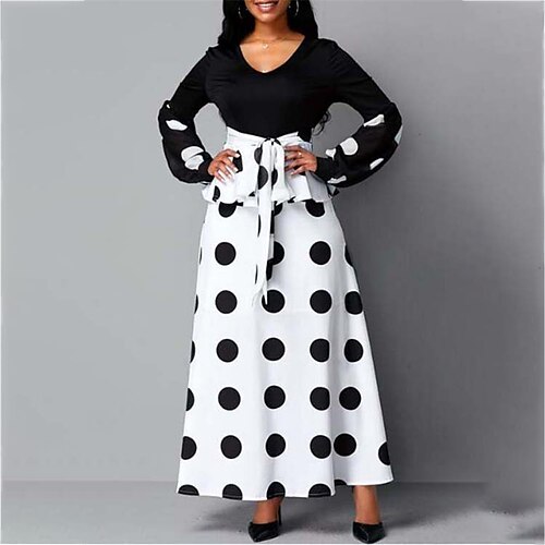 

Damen-Arbeitskleid A-Linienkleid Maxikleid Weiß Langarm Herbst Polka Dot Schnürung Druck Herbst Winter V-Ausschnitt Stilvoll Modern 2023 Stil S M L XL XXL 3XL 4XL 5XL