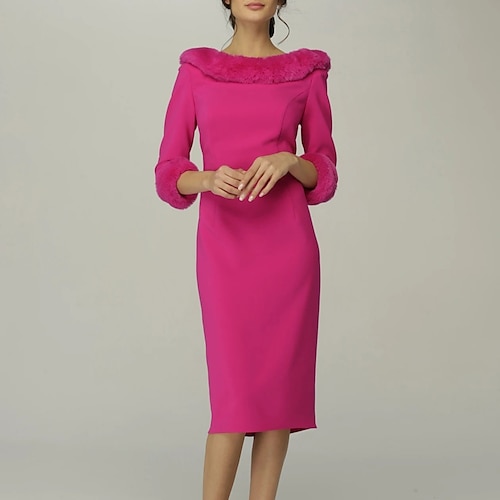 

Sheath / Column Mother of the Bride Dress Elegant Jewel Neck Knee Length Stretch Fabric 3/4 Length Sleeve with Draping 2022