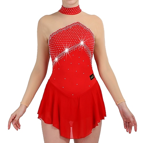 

Figure Skating Dress Women's Girls' Ice Skating Dress Outfits Red Open Back Mesh Spandex High Elasticity Training Professional Competition Skating Wear Quick Dry Handmade Crystal / Rhinestone Long