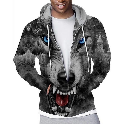 

Men's Hoodie Zip Hoodie Sweatshirt Full Zip Hoodie Dark Gray Hooded Graphic Wolf Zipper Pocket Sports Outdoor Casual Daily 3D Print Streetwear Casual Big and Tall Spring Fall Clothing Apparel