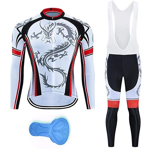 

21Grams Men's Cycling Jersey with Bib Tights Long Sleeve Mountain Bike MTB Road Bike Cycling White Dragon Stripes Bike Clothing Suit 3D Pad Breathable Quick Dry Moisture Wicking Back Pocket Polyester