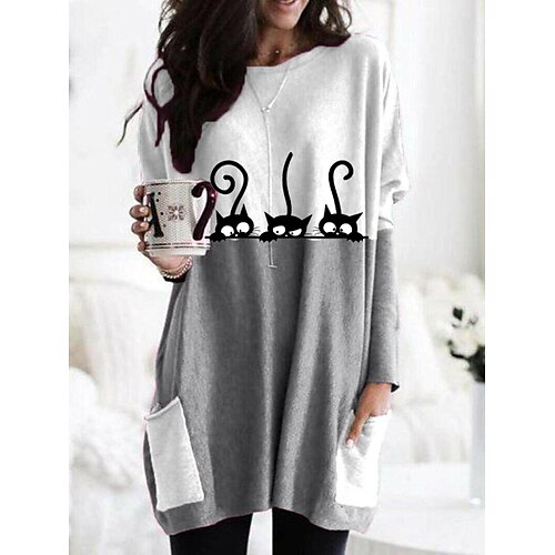 

Women's T shirt Dress Tunic Shirts T shirt Tee Tunic Blue Pink Khaki Animal Cat Pocket Print Long Sleeve Casual Daily Basic Round Neck Long Cat S