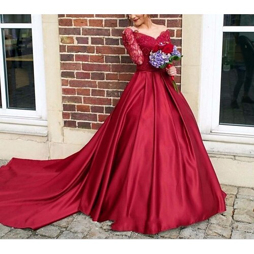 

A-Line Wedding Dresses V Neck Court Train Lace Satin Long Sleeve Formal with Appliques 2022