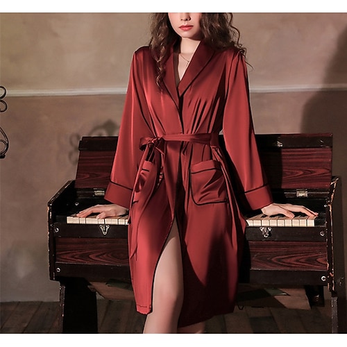

Women's Pajamas Robes Gown Bathrobes Nighty 1 PCS Pure Color Luxury Retro Comfort Home Wedding Party Spa Satin Gift Plunging Neck Long Sleeve Basic Belt Included Spring Summer Green Black