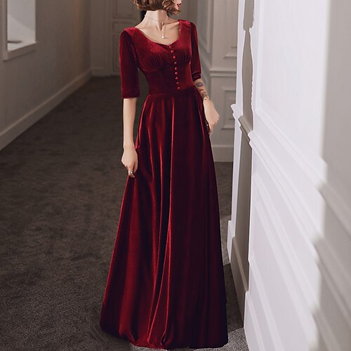 

A-Line Minimalist Elegant Prom Formal Evening Dress Scoop Neck Half Sleeve Floor Length Velvet with Sleek Pleats 2022