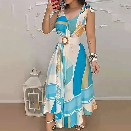 

abito casual da donna abito swing abito lungo maxi abito blu cielo senza maniche stampa floreale primavera estate scollo a V s m l xl