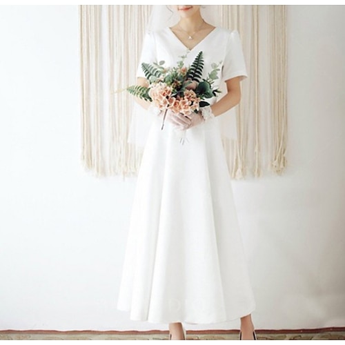 

A-Line Wedding Dresses V Neck Ankle Length Satin Short Sleeve Simple Vintage Little White Dress 1950s with Pleats 2022