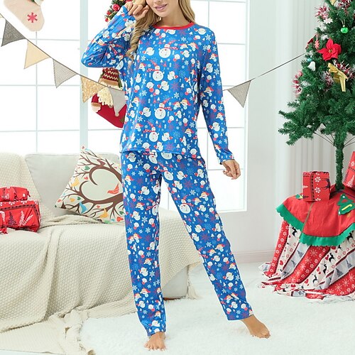 

Women's ChristmasPjs Pajamas Sets 2 Pieces Cartoon Snowflake Simple Soft Sweet Home Bed Warm Gift Crew Neck Long Sleeve T shirt Tee Pant Elastic Waist Winter Fall Blue / Seamed / Print