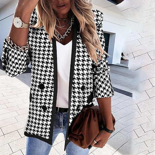 

Women's Blazer Daily Work Fall Regular Coat Regular Fit Warm Breathable Casual Jacket Long Sleeve Houndstooth Print Sequins Pocket Black Blue Pink / Plaid / Check