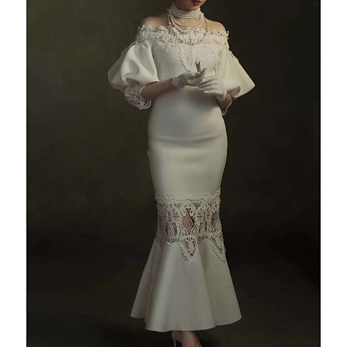 

Mermaid / Trumpet Wedding Dresses Off Shoulder Ankle Length Lace Stretch Fabric Long Sleeve Simple Vintage with Appliques 2022