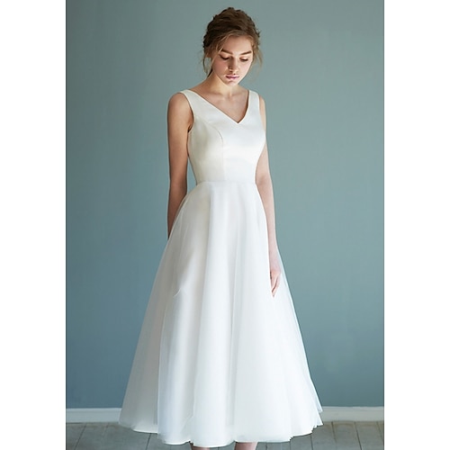 

A-Line Wedding Dresses V Neck Tea Length Satin Tulle Sleeveless Simple Vintage Little White Dress 1950s with Pleats Solid Color 2022