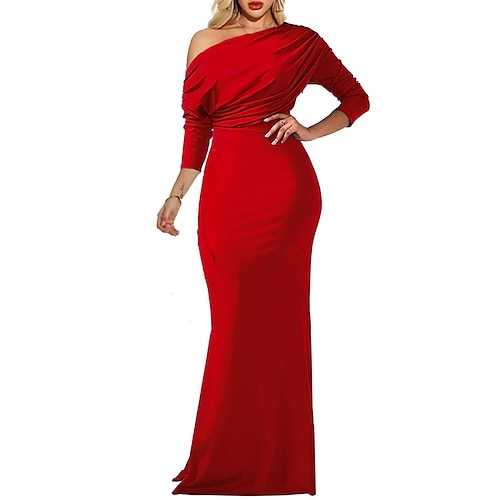 

Vestido de fiesta formal para mujer, vestido largo, vestido maxi, negro, azul, rojo, manga larga, color puro, fruncido, otoño, primavera, un hombro, invierno, 2023 s m l xl xxl