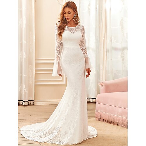 

Mermaid / Trumpet Wedding Dresses Jewel Neck Sweep / Brush Train Lace Tulle Long Sleeve Romantic with Lace 2022