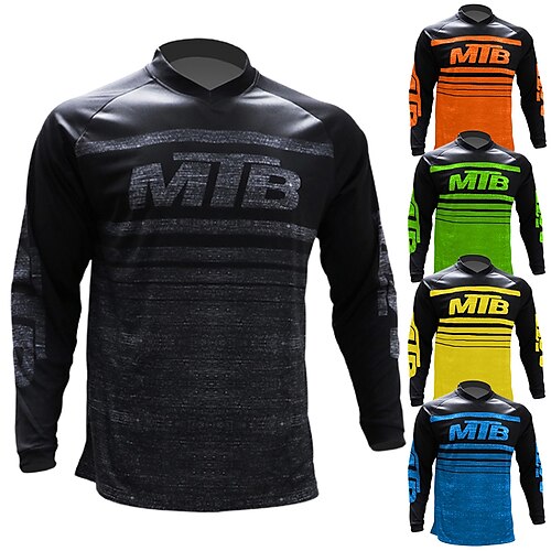 

21Grams Men's Cycling Jersey Downhill Jersey Dirt Bike Jersey Long Sleeve Mountain Bike MTB Road Bike Cycling Green Black Blue Stripes Bike Jersey UV Resistant Breathable Quick Dry Back Pocket