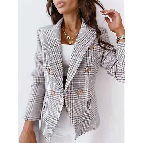 

Women's Blazer Casual Jacket Office Work Daily Fall Spring Short Coat Regular Fit Warm Casual Jacket Long Sleeve Hot Stamping Plaid / Check Print Light Grey Red White