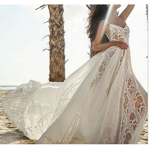 

A-Line Wedding Dresses V Neck Spaghetti Strap Sweep / Brush Train Chiffon Lace Sleeveless Romantic Beach Sexy with Appliques 2022