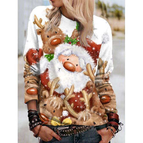 

Women's Sweatshirt Pullover 3D Reindeer Brown Print Christmas Christmas Gifts Sports 3D Print Streetwear Christmas Hoodies Sweatshirts White