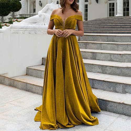 

A-Line Prom Dresses Glittering Dress Wedding Guest Sweep / Brush Train Short Sleeve Off Shoulder Velvet with Sleek Pure Color 2022 / Formal Evening