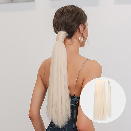 

Long Straight Wrap Around Clip In Ponytail Hair Extension Heat Resistant Light Blonde Synthetic Pony Tail Fake Hair