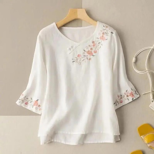 

Women's Plus Size Tops Blouse Floral Embroidered 3/4 Length Sleeve Crewneck Basic Daily Weekend Cotton Fall Spring White Purple / Loose Fit