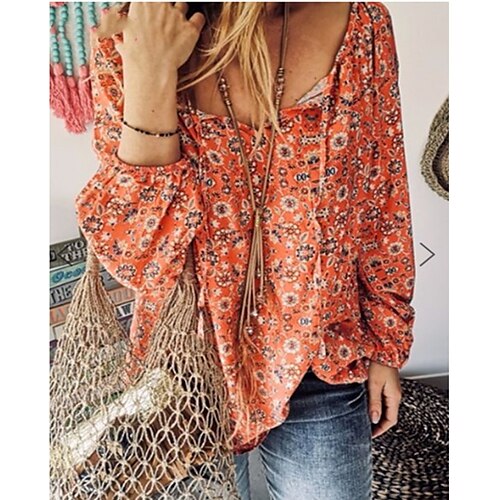 

Women's Blouse Shirt Green Blue Purple Floral Print Long Sleeve Casual Holiday Tropical Bohemian Style Casual V Neck Regular Loose Fit Boho Sexy Plus Size Blouses Lantern Sleeve S