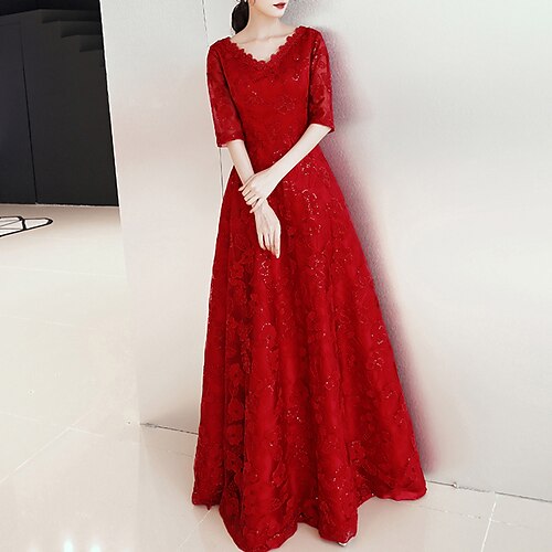 

A-Line Prom Dresses Elegant Dress Engagement Floor Length Half Sleeve V Neck Lace with Lace Insert Pattern / Print 2022