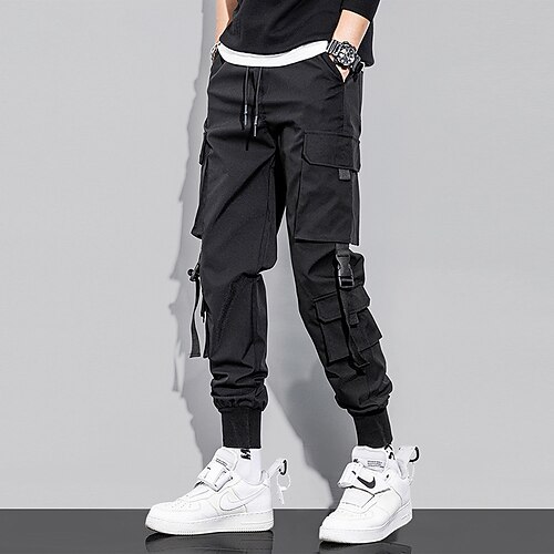 Hip Hop Cargo Pants Men Functional Loose Jogger Men Trousers Streetwear  Ribbons