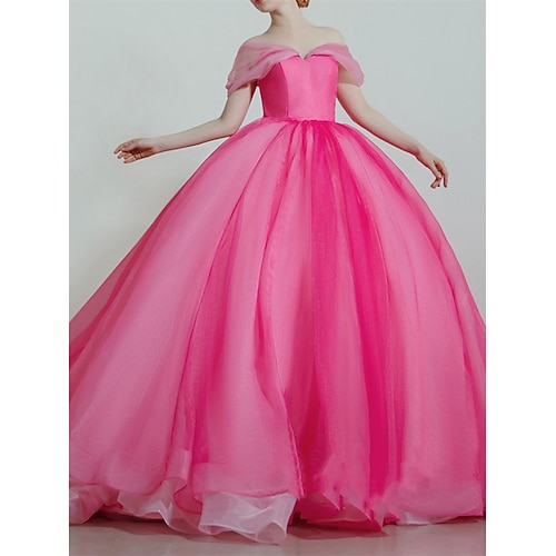 

Ball Gown Prom Dresses Luxurious Dress Quinceanera Sweep / Brush Train Short Sleeve Off Shoulder Organza with Sleek Pleats 2022
