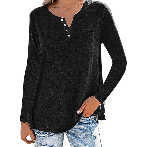 

Women's T shirt Tee Plain Casual Weekend T shirt Tee Long Sleeve Pocket Button V Neck Basic Essential White Black Blue S