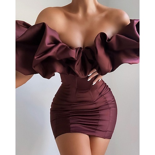 

Sheath / Column Sexy bodycon Homecoming Cocktail Party Birthday Dress Off Shoulder Short Sleeve Short / Mini Polyester with Ruffles 2022