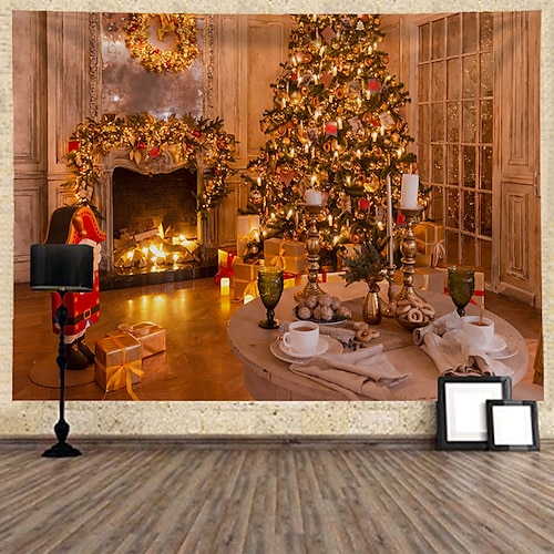 

Christmas Santa Claus Holiday Party Wall Tapestry Photography Background Art Decor Blanket Hanging Bedroom Living Room Decoration Tree Snowman Elk Snowflake Candle Gift Fireplace