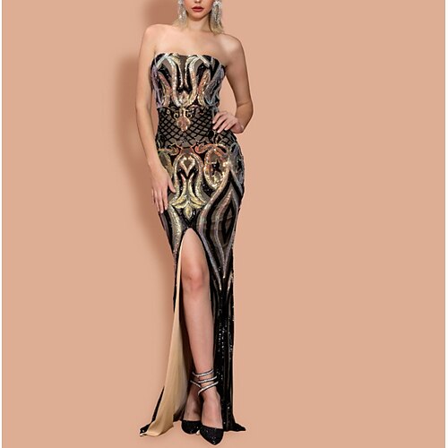 

Sheath / Column Sparkle Sexy Party Wear Formal Evening Dress Strapless Sleeveless Floor Length Sequined with Sequin Slit 2022