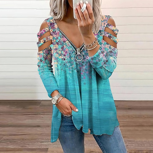 

Women's Tunic Floral Graphic Patterned Holiday Weekend Floral Tunic Blouse Eyelet top Long Sleeve Cut Out Flowing tunic Quarter Zip V Neck Basic Essential Streetwear Blue Fuchsia Orange S / Print
