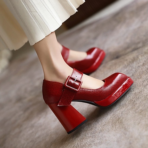 

Women's Heels Work Daily Chunky Heel Square Toe Microfiber Buckle Solid Colored Black Red White