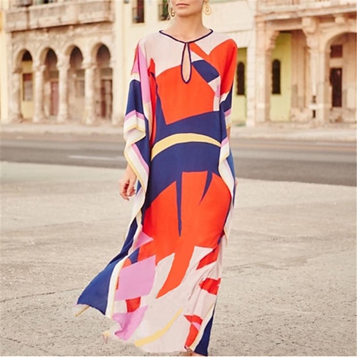 

Women's Shift Dress Long Dress Maxi Dress Photo Color Long Sleeve Color Block Print Winter Fall Autumn Boat Neck Winter Dress Fall Dress Loose Fit 2022 One-Size