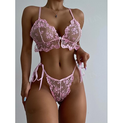 

Women's Matching Bralettes Sexy Bodies Lingerie Set 1 set Flower Pure Color Sexy Undergarments Home Bed Valentine's Day Spandex Sleeveless Backless Embroidery Without Lining Fall Winter Pink / Hole