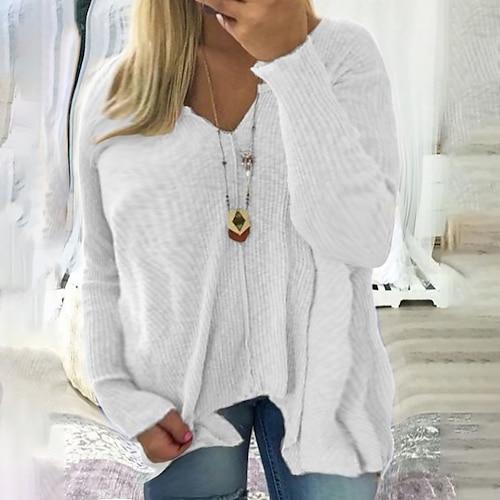 

Women's Plus Size Tops Blouse Plain Solid Color Ruched Long Sleeve V Neck Basic Streetwear Daily Weekend Cotton Fall Spring White Black