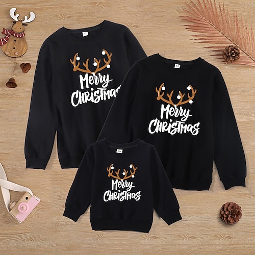 

Christmas Sweatshirt Pullover Family Cotton Deer Letter Christmas Gifts Black Red Long Sleeve Basic Matching Outfits Fall Spring Cute