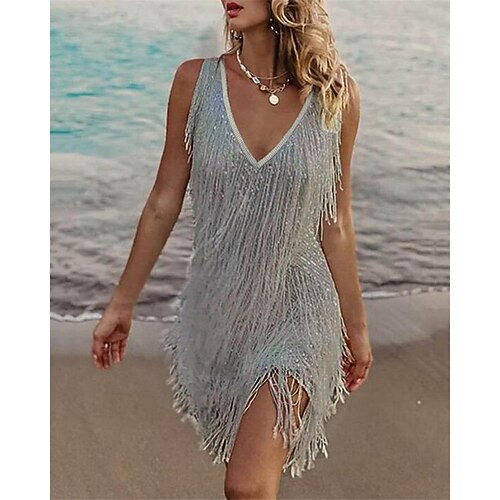 

Women's Party Dress Fringe Dress Sheath Dress Mini Dress White Sleeveless Pure Color Tassel Fringe Fall Spring Autumn V Neck Hot Party S M L XL XXL