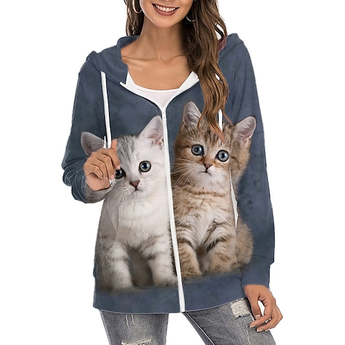 

Mujer Sudadera Sudadera con capucha y cremallera Pull-over Activo Ropa de calle Cremallera Estampado Azul Piscina Morado Verde Trébol Animal Gato 3D Diario Con Capucha Manga Larga