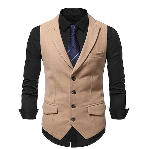 

Men's Formal Vest Solid Color Tailored Fit Peak Single Breasted Four-buttons Black Khaki 2022