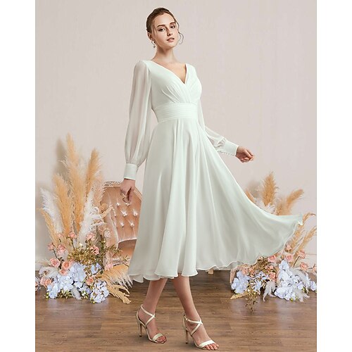 

A-Line Wedding Dresses V Neck Tea Length Chiffon Long Sleeve Simple with Pleats 2022